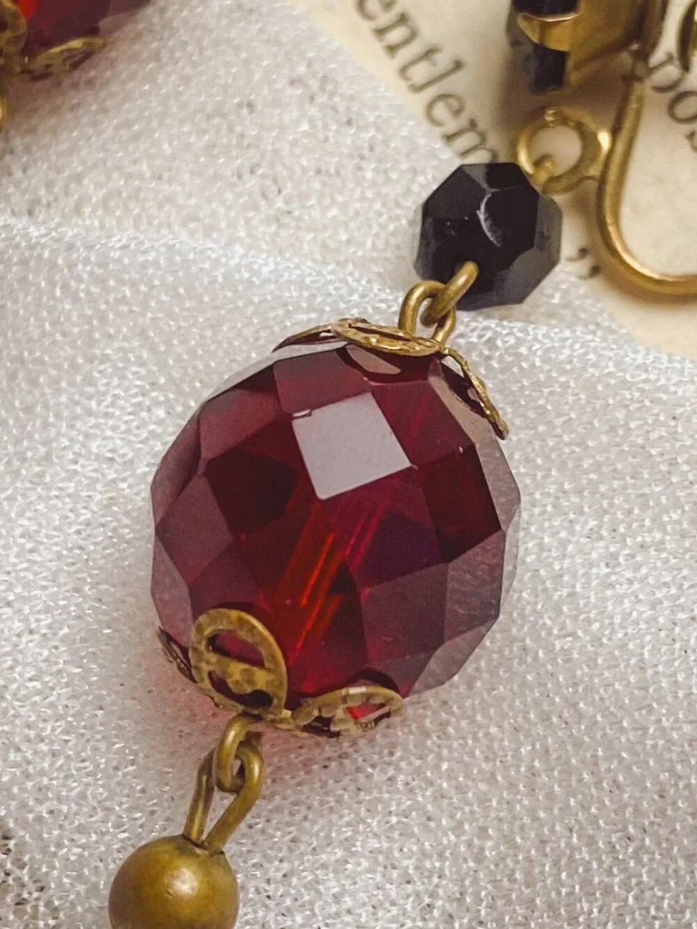 Vintage Screwback Red Crystal Glass Jewel Victorian Style Brass Drop Earrings